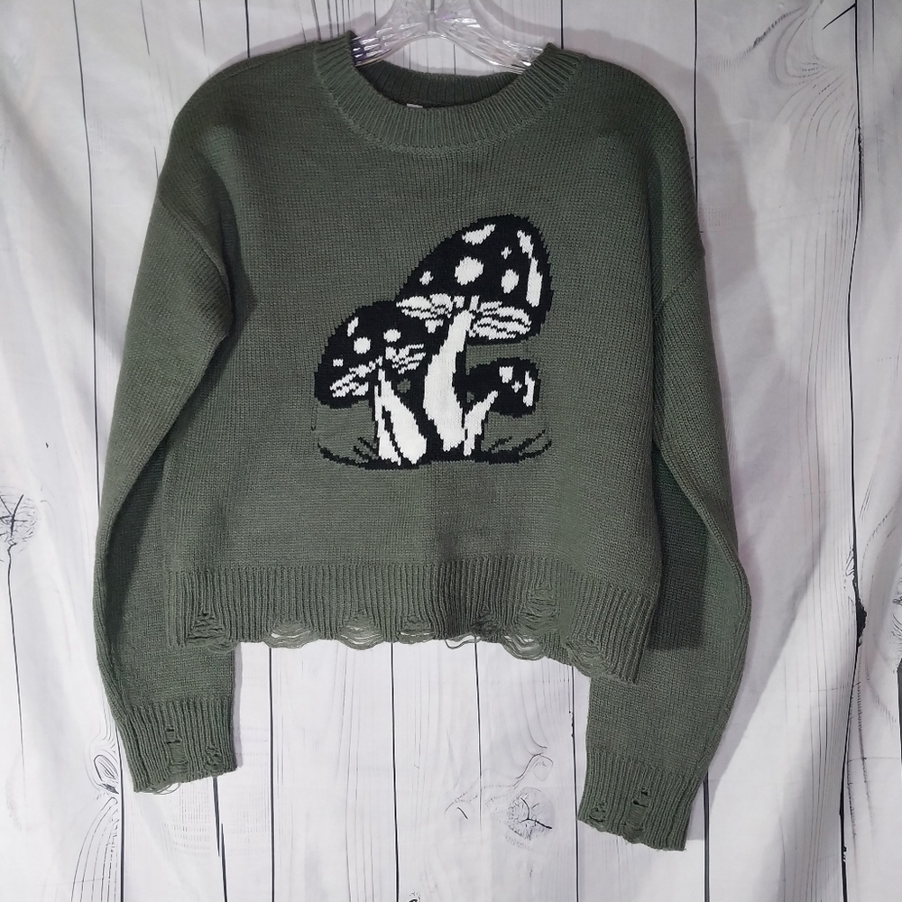 No Boundaries Olive Mushroom Graphic Cropped Grunge Distressed  Sweater